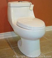Full view of plain white one-piece toilet showing overall design and shape