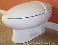 Side view of toilet with lid closed showing one-piece design and elongated bowl