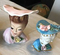 Image showing both vintage lady face vases, pink and blue versions, displaying front and side views