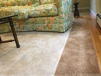 Photo showing the light beige interior with dark beige border of the nylon area rug positioned next to a floral patterned couch and a small wood table leg.