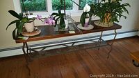 Full view of the sofa table with plants on top, showing wood top, glass inset, and metal legs and frame.