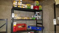Metal shelving with multiple boxes of lightbulbs of different sizes and brands.
