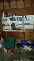 Wall-mounted shelving holding various car and home care products including cans, sprays, and bottles, also a cardboard box on the floor with similar products. Blue tarps and rope also partially visible on floor.