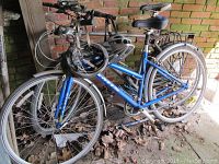 Blue Jamis Commuter bicycle with metal bottle rack parked beside a wall with some bike helmets on the frame