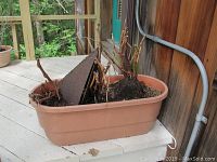 Electric birdbath metal tub and plastic planters with plants