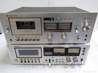 Front view of Kenwood KX-830 and Hitachi D800 cassette decks stacked