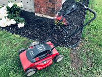 Red and black electric lawnmower with grass collection bag, standing on grass and mulch garden bed.
