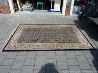 Full view of carpet laid flat on driveway showing overall pattern and condition