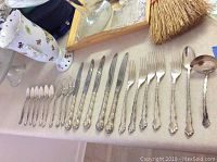 Full set of flatware pieces lined up on countertop