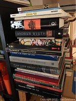 Stack of oversize art and photography books showing titles such as 'Andrew Wyeth', 'Andy Warhol Diaries', 'Frank Lloyd Wright', 'Alexander Calder', and 'The Portfolio of Ansel Adams'.