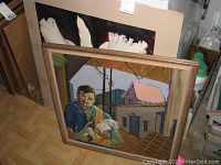 Framed oil painting showing a person holding a dog with houses in the background, painted by K. Johnson in 1992.