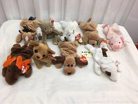 Front view showing the nine assorted Beanie Babies arranged in two rows, all with original tags attached.