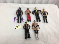 Overview photo of all six wrestling figures laid out on white background, showing sizes and details