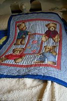 Quilt laid flat showing teddy bear designs and blue border