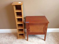 Wooden side table and small wooden shelving unit placed side by side against a wall on carpeted floor, showing size and style.