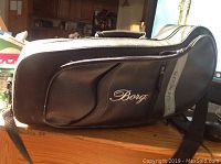 Black Borg-branded zippered carrying case closed on wooden surface