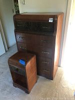Full view of the vintage dresser and matching nightstand showing dimensions and overall condition.