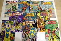 Photo shows 10 comic books from the All Star Squadron series by DC Comics, issues #40 to #49, arranged in two rows with colorful and detailed superhero artwork on all covers.