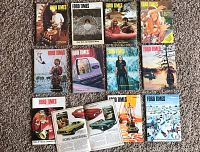 12 issues of Ford Times Magazine from 1972 arranged in three rows. Covers show various images including outdoor scenes, people, cars, and artistic designs. One magazine is open to a page featuring Ford Mustang content.
