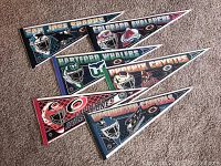 Six NHL hockey team pennants displayed on carpeted floor, featuring distinct team logos and goalie illustrations.