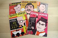 Five 1000 Jokes magazines displayed with colorful illustrated covers featuring various comedians from the 1950s.