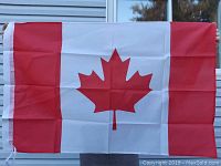 Full view of the Canadian flag held up showing the red maple leaf centered between two red vertical stripes on a white background.