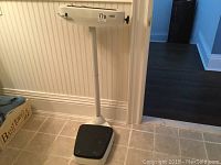 Full view of SECA floor scale showing white metal base and column, black weighing platform, and dial indicator on top.