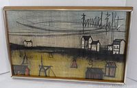 Full view of framed village scene print by Bernard Buffet. Shows entire artwork and frame.