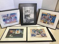 Five framed prints and artwork displayed together showing a range of Los Angeles Dodgers baseball themed pictures, all in black metal frames with plexiglass.