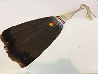 Long dark feathers with colored bands attached to a single handle with a fabric tassel.