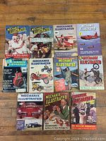 Full view of all 11 Mechanix Illustrated magazines arranged in rows