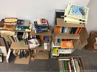 Photo of multiple boxes stacked with books of various subjects including fiction, nonfiction, and travel. Books are in hardcover and paperback formats.
