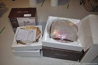 Two boxed Allen and Roth light fixtures. One round light fixture wrapped in bubble wrap and styrofoam, and another smaller fixture with metal parts and instruction manual in original packaging.