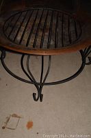 Close-up of the fire pit grate and copper rim with visible rust and wear.
