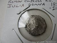 Obverse side of the silver denarius showing portrait of Empress Julia Domna.