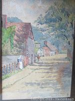 Painting showing village street scene with houses, trees and figures.