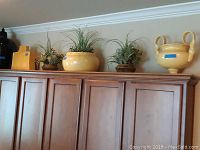 Three yellow ceramic containers and two ceramic pots with greenery arranged on top of wooden cabinets.