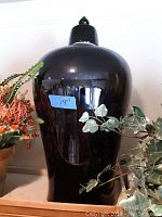 Tall, glossy black ceramic urn with lid, labeled 19 inches, amongst plants.