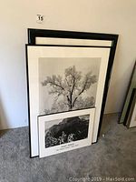 Two black and white framed photographic prints by Ansel Adams leaning against a wall, one depicting a large tree and the other a canyon scene.