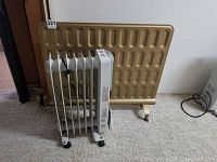 Both heaters shown side by side on carpet with white backdrop, one gold panel heater and one white oil-filled radiator heater.