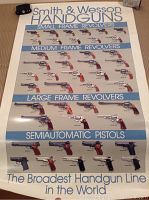 A poster showing Smith & Wesson handgun lineup with small, medium, large frame revolvers and semiautomatic pistols