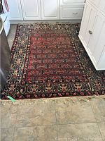 Full view of hand knotted area rug on kitchen floor showing size and pattern.