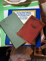 Photo of three books stacked: blue Canadian Army badge collection book, red vintage book, and green vintage book.