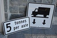Photo of two metal traffic signs on stone floor against stone wall; one rectangular with text "5 tonnes per axle" and one square with truck and arrows symbol.