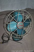 Front view of the vintage Electrohome metal fan with blue blades and protective cage showing the brand logo in the center.