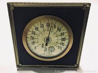 Front view of square black frame with antique thermometer dial visible with spinning wheel illustration, showing age patina on metal bezel.