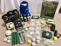 Full lot overview showing golf balls, tees, headcovers, book, first aid kit, and accessories laid out on a floor with beige carpet.