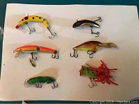 Six fishing lures arranged on white cardboard showing various styles including a frog style lure with red tails, crankbaits, and segmented lures all with treble hooks.
