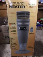 Front view of box showing the Lasko ceramic heater product image and key features like full-circle warmth and heat sweep settings.