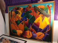 Large colorful artwork painting of people with hats, 39x29 inches